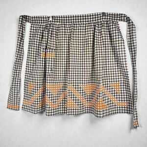 Vtg‎ Brown Gingham Half Apron Checkered Embroidery Pocket Granny Cottage Retro
